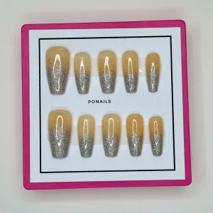 10 Pcs Handmade Press on Nails (Small, Holo French Neutral - Holo French Ombre Neutral Beige Jelly Nails/Short Coffin) A029S
