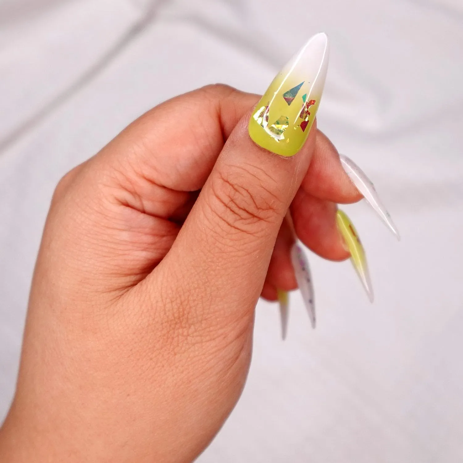 10 Pcs Handmade Press on Nails (X-Small, Iced Lime - French Ombre Lime Green and Shattered Glass Jelly White Glitter Mix Stiletto Nails) A117XS