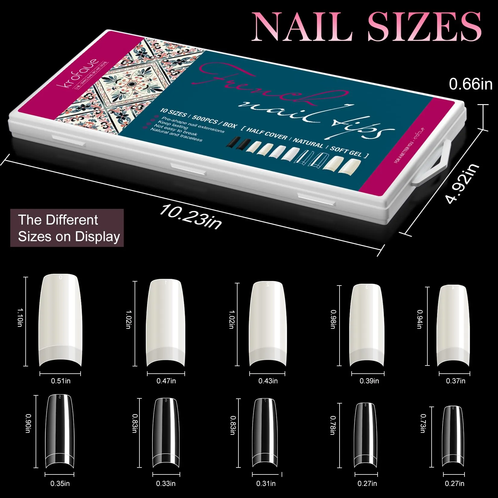 1000PCS Half Cover False Nails Tips, krofaue 10 Sizes Lady French Style Acrylic Artificial Tip Manicure with Box for Nail Tips Art Salons and Home DIY (Natural Clear)