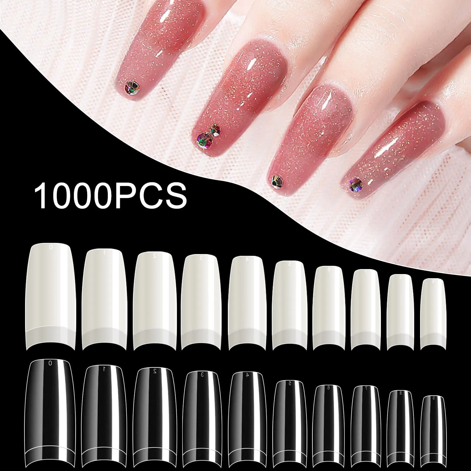 1000PCS Half Cover False Nails Tips, krofaue 10 Sizes Lady French Style Acrylic Artificial Tip Manicure with Box for Nail Tips Art Salons and Home DIY (Natural Clear)