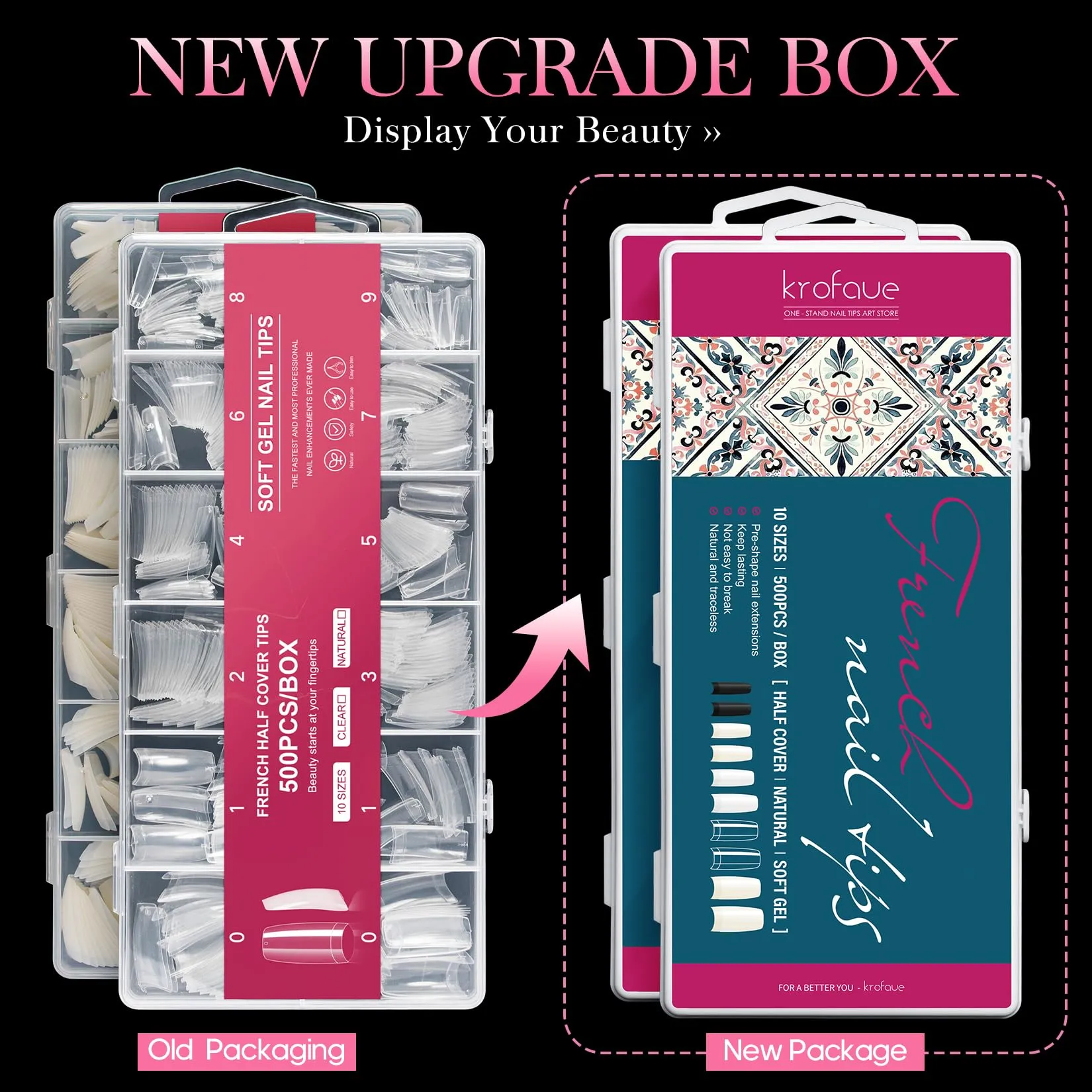 1000PCS Half Cover False Nails Tips, krofaue 10 Sizes Lady French Style Acrylic Artificial Tip Manicure with Box for Nail Tips Art Salons and Home DIY (Natural Clear)