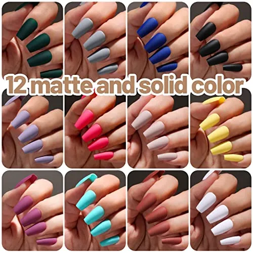 12 Packs 288PCS Acrylic Matte Square Fake Nails Full Cover Medium Length, Glue on Nail