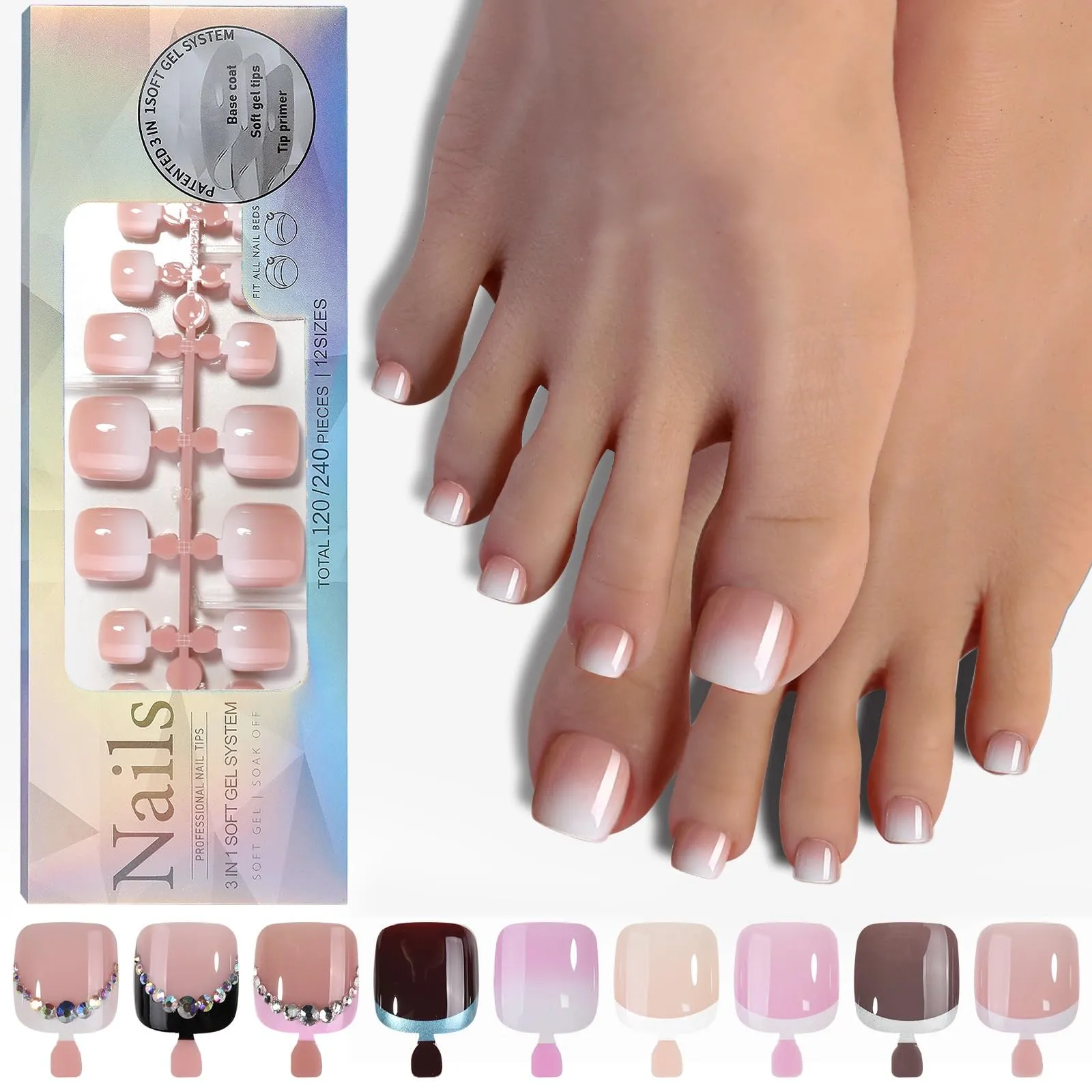120Pcs French Tip Press on Toenails Colorful Tips Short Square Fake Toes Rhinestone Design Green White Black Silver Orange French Toenail Tips 3 IN 1 Soft Gel Tips for Women Girls Manicure