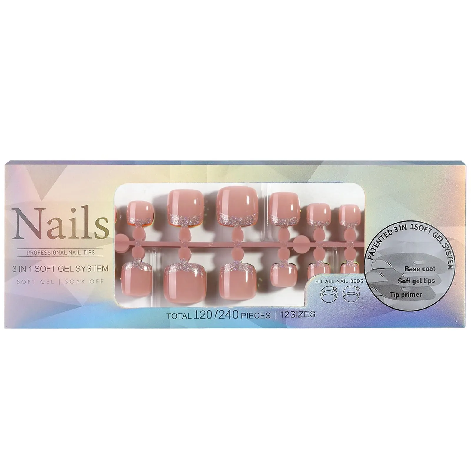 120Pcs French Tip Press on Toenails Colorful Tips Short Square Fake Toes Rhinestone Design Green White Black Silver Orange French Toenail Tips 3 IN 1 Soft Gel Tips for Women Girls Manicure