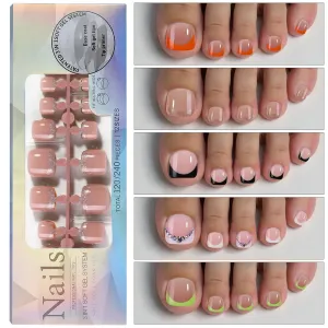 120Pcs French Tip Press on Toenails Colorful Tips Short Square Fake Toes Rhinestone Design Green White Black Silver Orange French Toenail Tips 3 IN 1 Soft Gel Tips for Women Girls Manicure