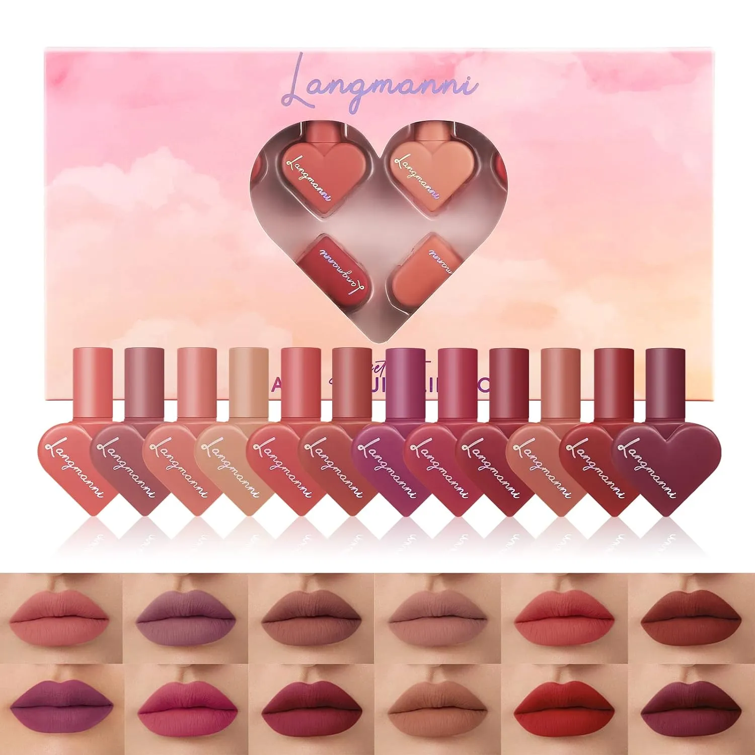 12pcs Heart Shape Matte Velvet Liquid Lipstick Fashion Easy To Color Lip Gloss Waterproof