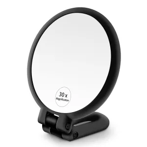 1X 30X Magnifying Hand Held Mirror,Double Side Folding Hand Mirror for Women with Adjustable Handle,Travel Table Desk Shaving Bathroom (Black)