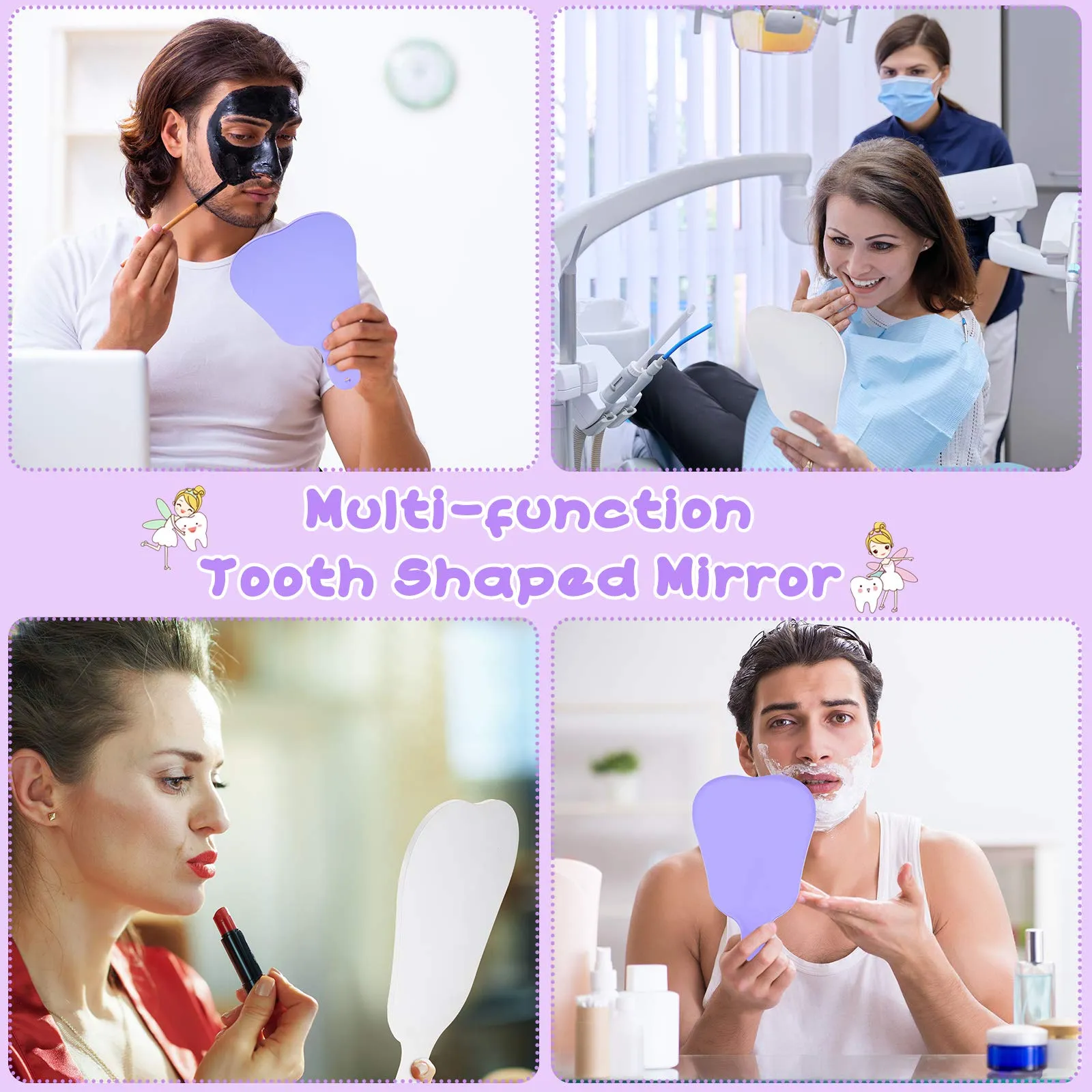 2 Pieces Tooth Shaped Handheld Mirror Cute Tooth Shaped Mirror Makeup Hand Held Plastic Mirrors with Handle Cosmetic Hand Mirror for Women Men Girls and Kids (White, Purple) White, Purple