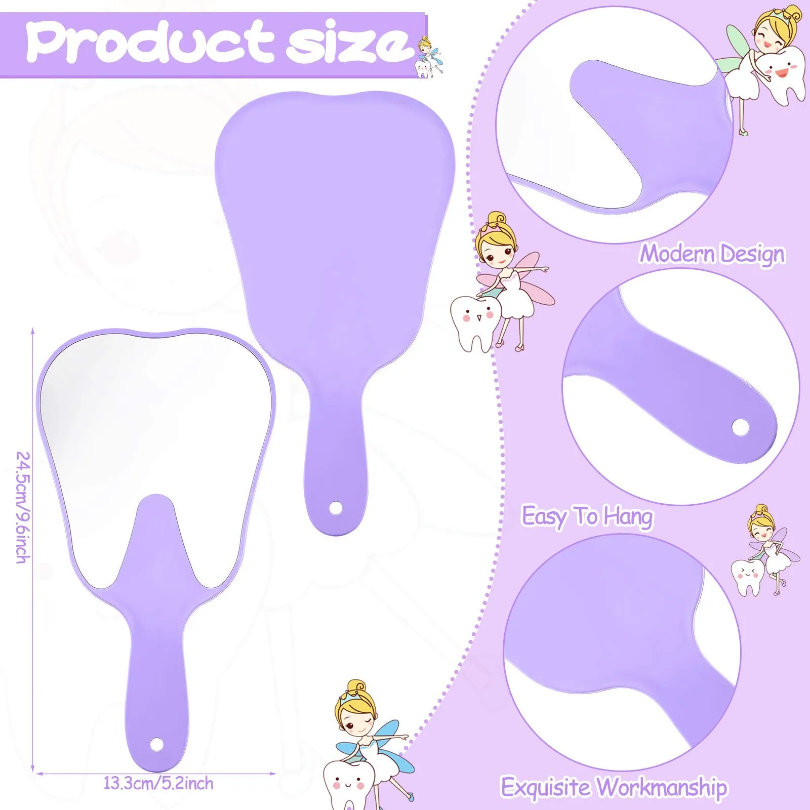 2 Pieces Tooth Shaped Handheld Mirror Cute Tooth Shaped Mirror Makeup Hand Held Plastic Mirrors with Handle Cosmetic Hand Mirror for Women Men Girls and Kids (White, Purple) White, Purple