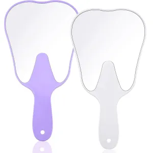 2 Pieces Tooth Shaped Handheld Mirror Cute Tooth Shaped Mirror Makeup Hand Held Plastic Mirrors with Handle Cosmetic Hand Mirror for Women Men Girls and Kids (White, Purple) White, Purple