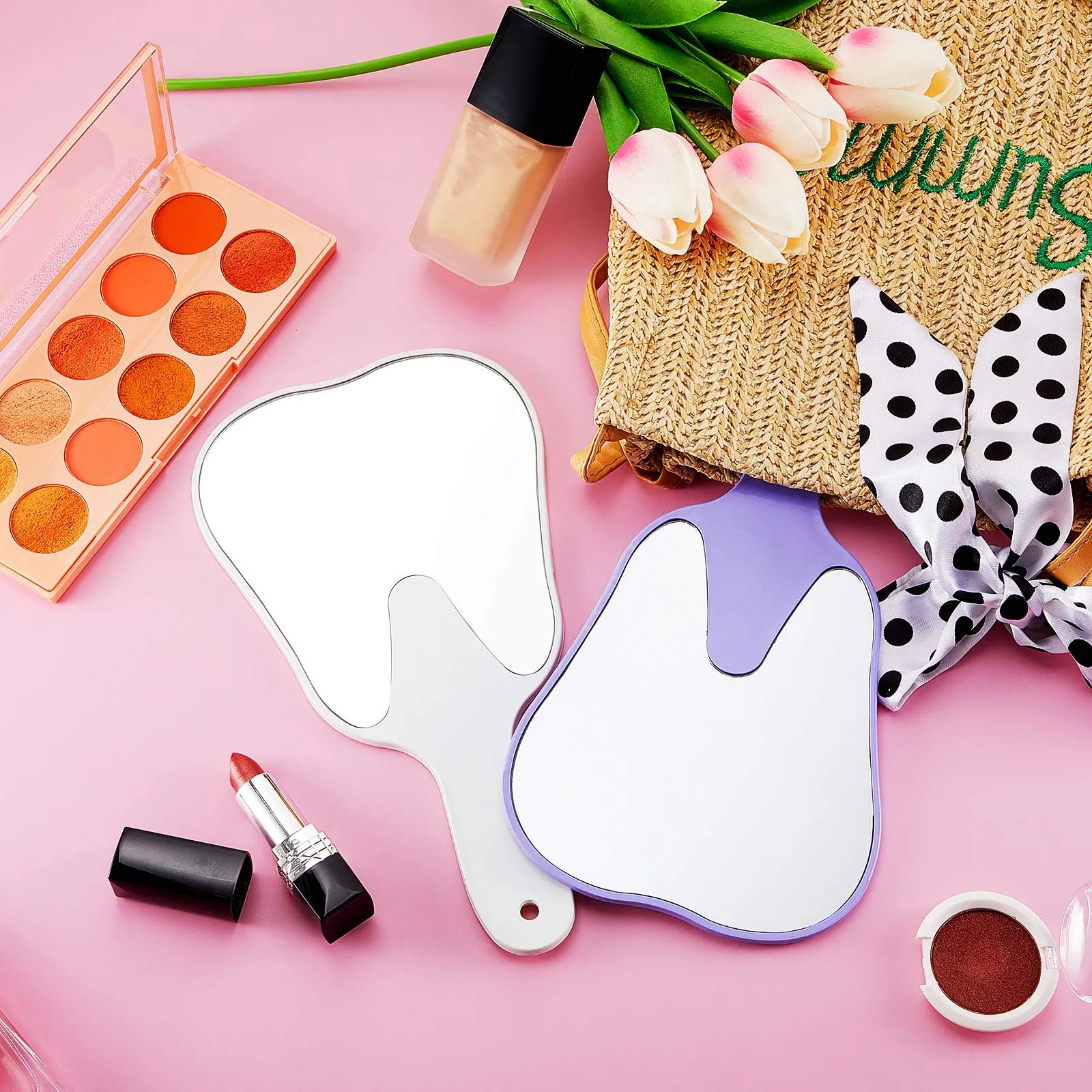2 Pieces Tooth Shaped Handheld Mirror Cute Tooth Shaped Mirror Makeup Hand Held Plastic Mirrors with Handle Cosmetic Hand Mirror for Women Men Girls and Kids (White, Purple) White, Purple