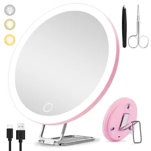 20X Magnifying Mirror with Light, Large 6inch Lighted Magnified Mirror 20x with 3 Suction Cups and 360° Table Stand, Rechargeable 3 Colors Dimming Vanity Makeup Mirror with Tweezers & Scissors