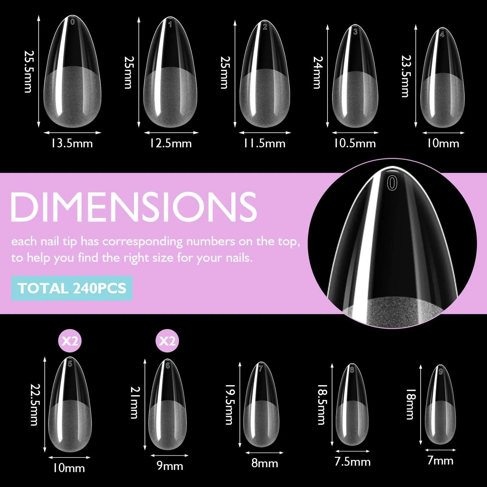 240PCS Medium Almond Clea False Nails Tips Kit