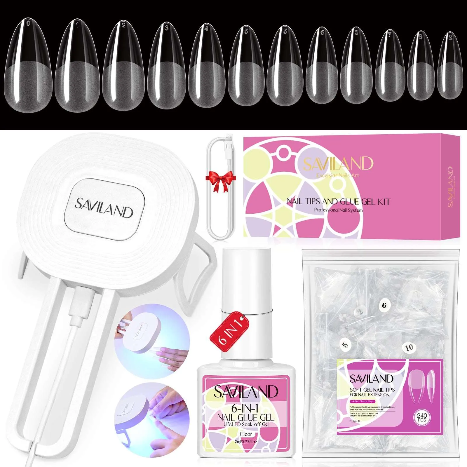 240PCS Medium Almond Clea False Nails Tips Kit
