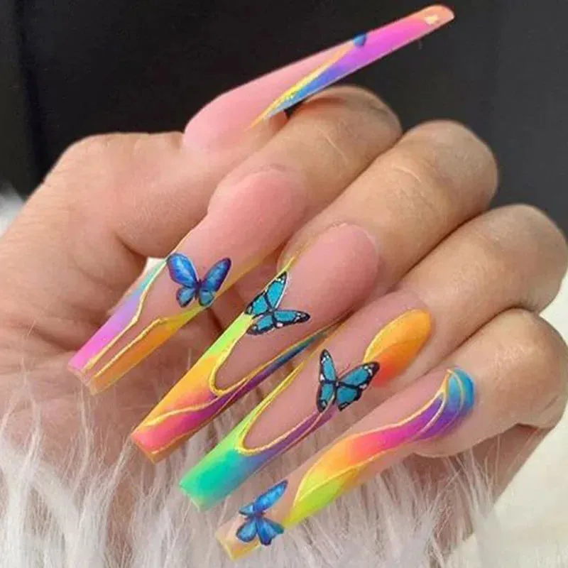 24pcs Artificial Nails With Glue | Detachable Long Fake Nail Tips | Design Press On Nails | Finished Nail Piece Sticker | Lady Glams