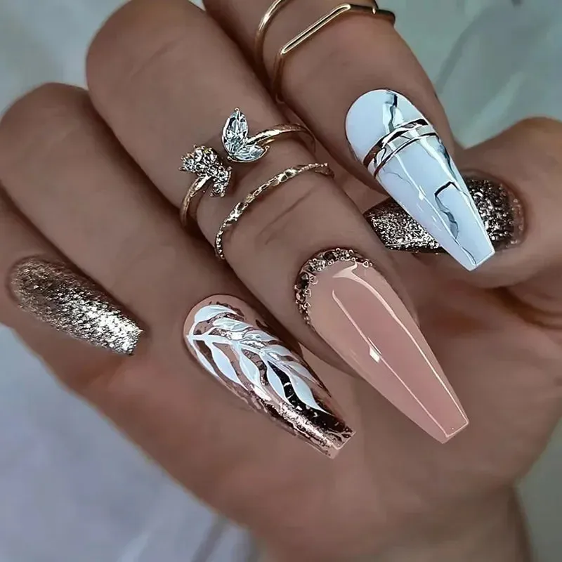 24pcs Artificial Nails With Glue | Detachable Long Fake Nail Tips | Design Press On Nails | Finished Nail Piece Sticker | Lady Glams