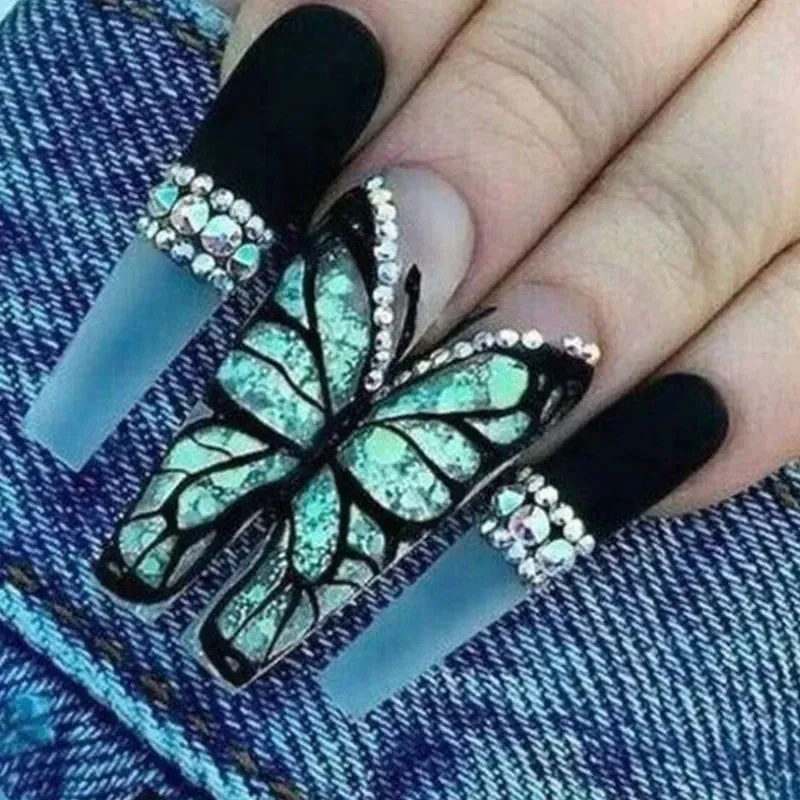 24pcs Artificial Nails With Glue | Detachable Long Fake Nail Tips | Design Press On Nails | Finished Nail Piece Sticker | Lady Glams