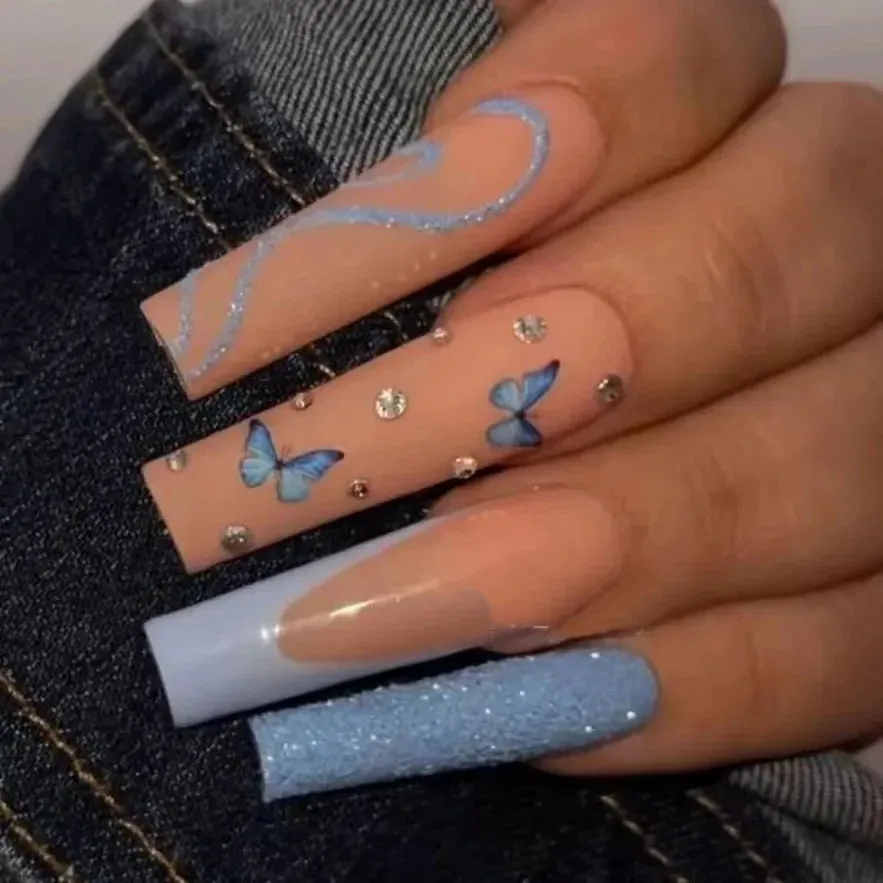 24pcs Artificial Nails With Glue | Detachable Long Fake Nail Tips | Design Press On Nails | Finished Nail Piece Sticker | Lady Glams