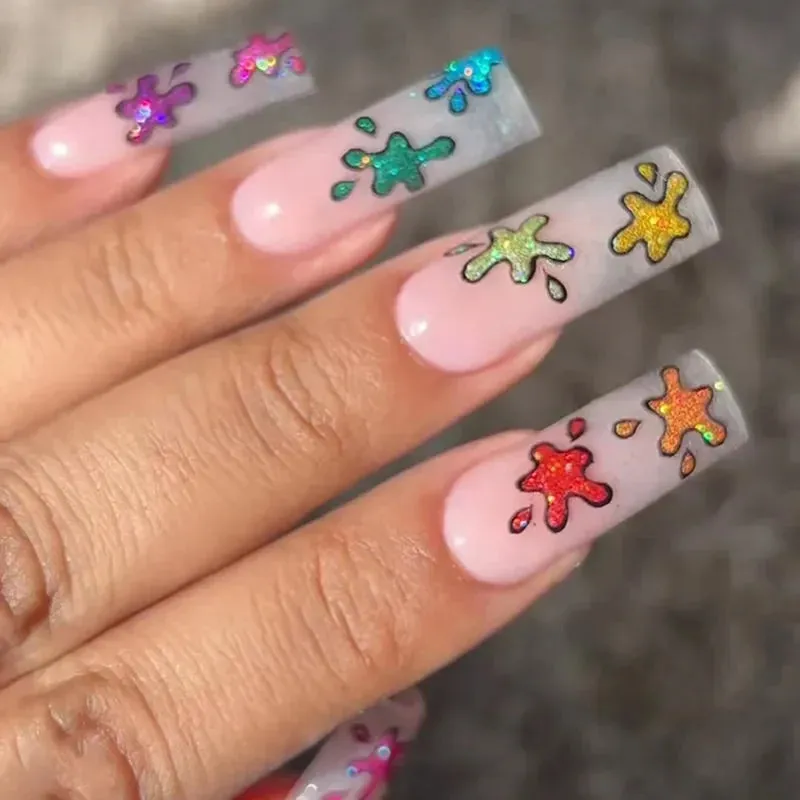 24pcs Artificial Nails With Glue | Detachable Long Fake Nail Tips | Design Press On Nails | Finished Nail Piece Sticker | Lady Glams