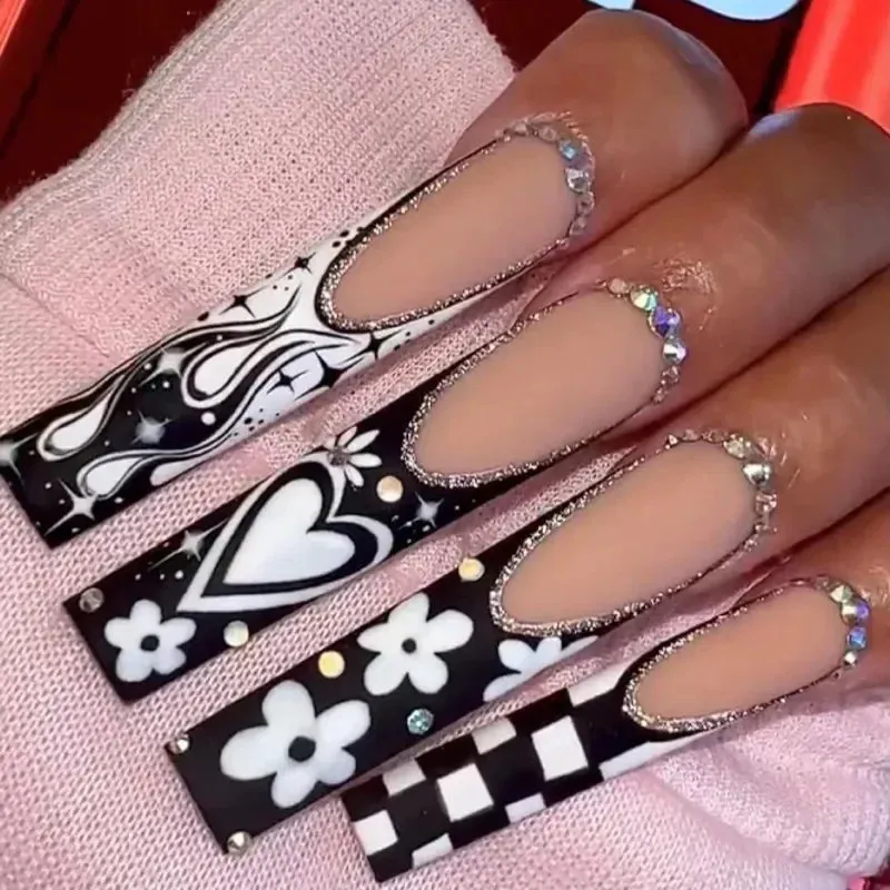24pcs Artificial Nails With Glue | Detachable Long Fake Nail Tips | Design Press On Nails | Finished Nail Piece Sticker | Lady Glams