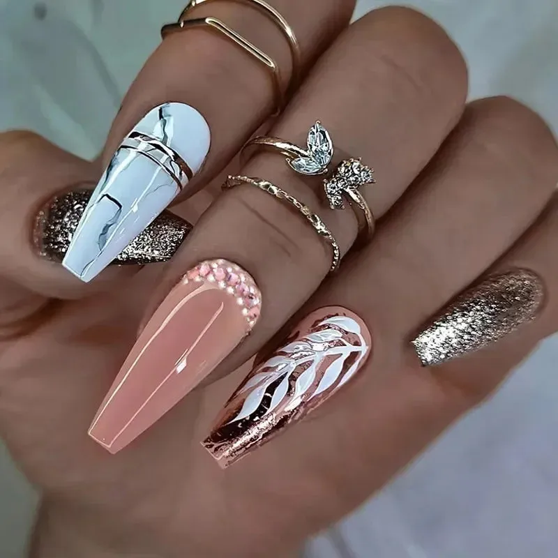 24pcs Artificial Nails With Glue | Detachable Long Fake Nail Tips | Design Press On Nails | Finished Nail Piece Sticker | Lady Glams