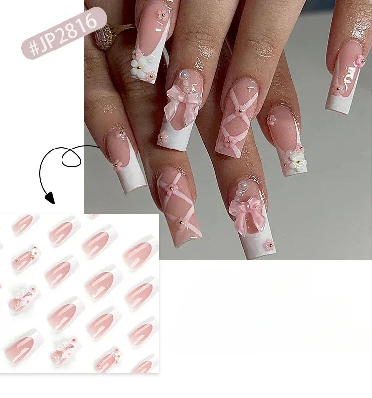 24pcs Artificial Nails With Glue | Detachable Long Fake Nail Tips | Design Press On Nails | Finished Nail Piece Sticker | Lady Glams