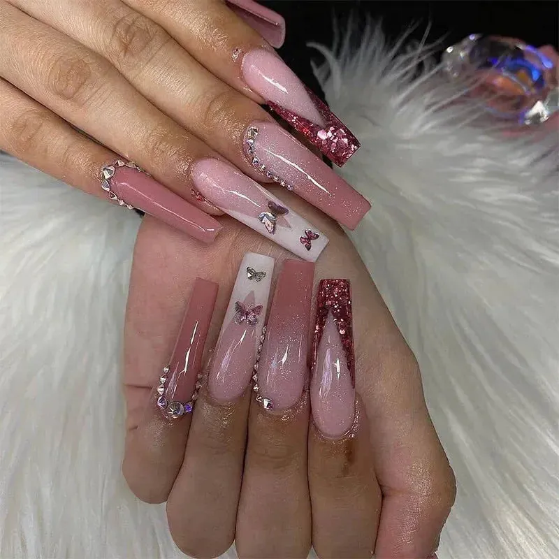 24pcs Artificial Nails With Glue | Detachable Long Fake Nail Tips | Design Press On Nails | Finished Nail Piece Sticker | Lady Glams