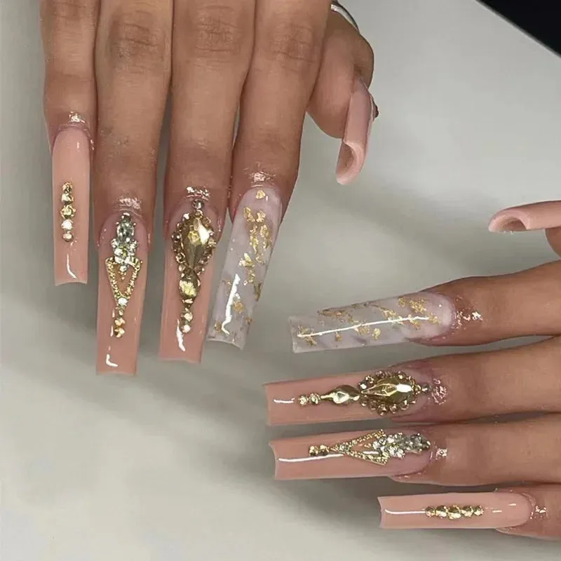 24pcs Artificial Nails With Glue | Detachable Long Fake Nail Tips | Design Press On Nails | Finished Nail Piece Sticker | Lady Glams