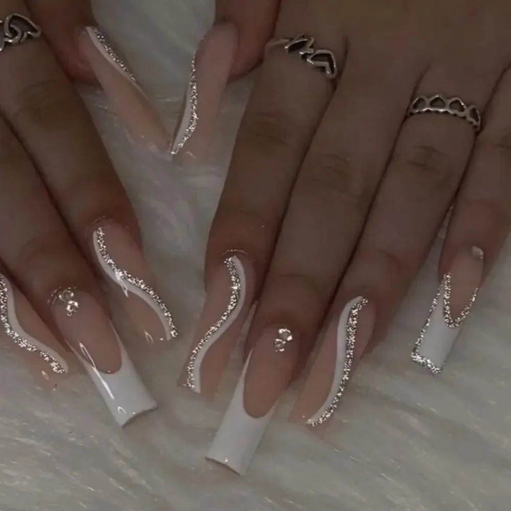 24pcs Artificial Nails With Glue | Detachable Long Fake Nail Tips | Design Press On Nails | Finished Nail Piece Sticker | Lady Glams