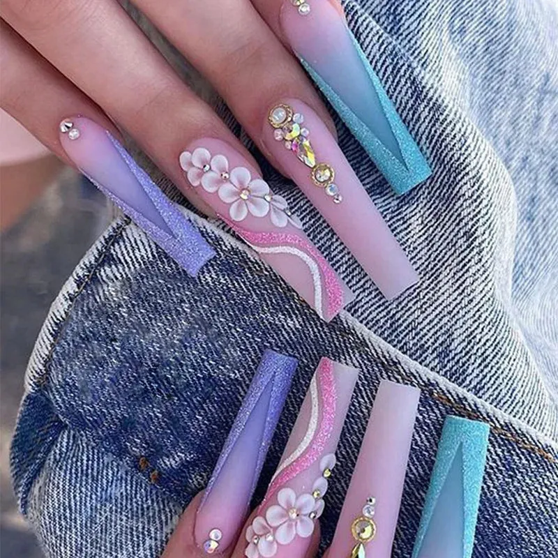 24pcs Artificial Nails With Glue | Detachable Long Fake Nail Tips | Design Press On Nails | Finished Nail Piece Sticker | Lady Glams