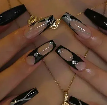 24pcs Artificial Nails With Glue | Detachable Long Fake Nail Tips | Design Press On Nails | Finished Nail Piece Sticker | Lady Glams