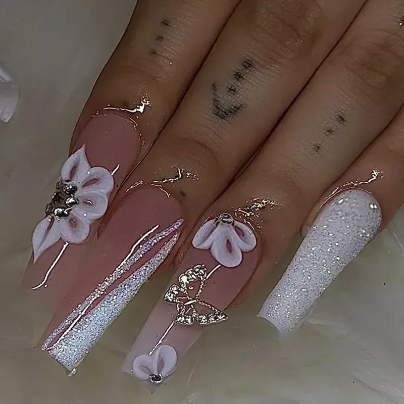 24pcs Artificial Nails With Glue | Detachable Long Fake Nail Tips | Design Press On Nails | Finished Nail Piece Sticker | Lady Glams