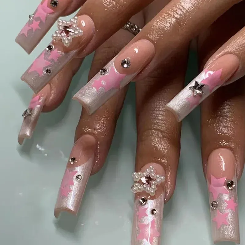 24pcs Artificial Nails With Glue | Detachable Long Fake Nail Tips | Design Press On Nails | Finished Nail Piece Sticker | Lady Glams