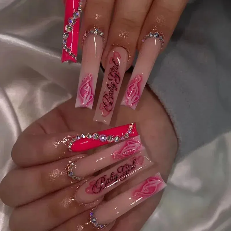24pcs Artificial Nails With Glue | Detachable Long Fake Nail Tips | Design Press On Nails | Finished Nail Piece Sticker | Lady Glams