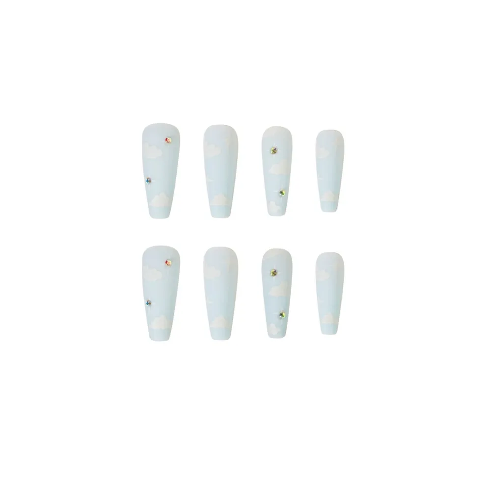 24pcs False Nails with Clouds Print Design Long Coffin Fake Nail Patch Women Full Finished Coffin Ballerina False Nail Patch