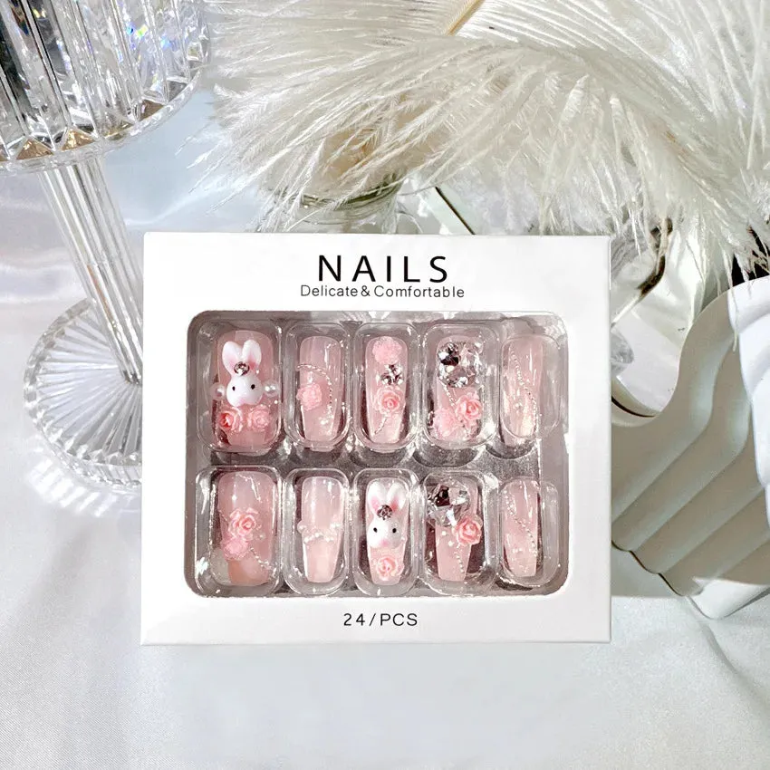 24pcs Handmade Glossy Coffin Press On Nails - Pink French Style False Nails with 3D Bow Rhinestone and Flower Design by Lady Glams