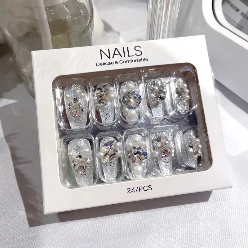 24pcs Handmade Glossy Coffin Press On Nails - Pink French Style False Nails with 3D Bow Rhinestone and Flower Design by Lady Glams