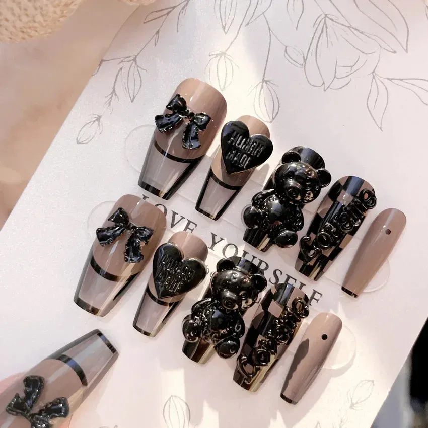 24pcs Handmade Glossy Coffin Press On Nails - Pink French Style False Nails with 3D Bow Rhinestone and Flower Design by Lady Glams