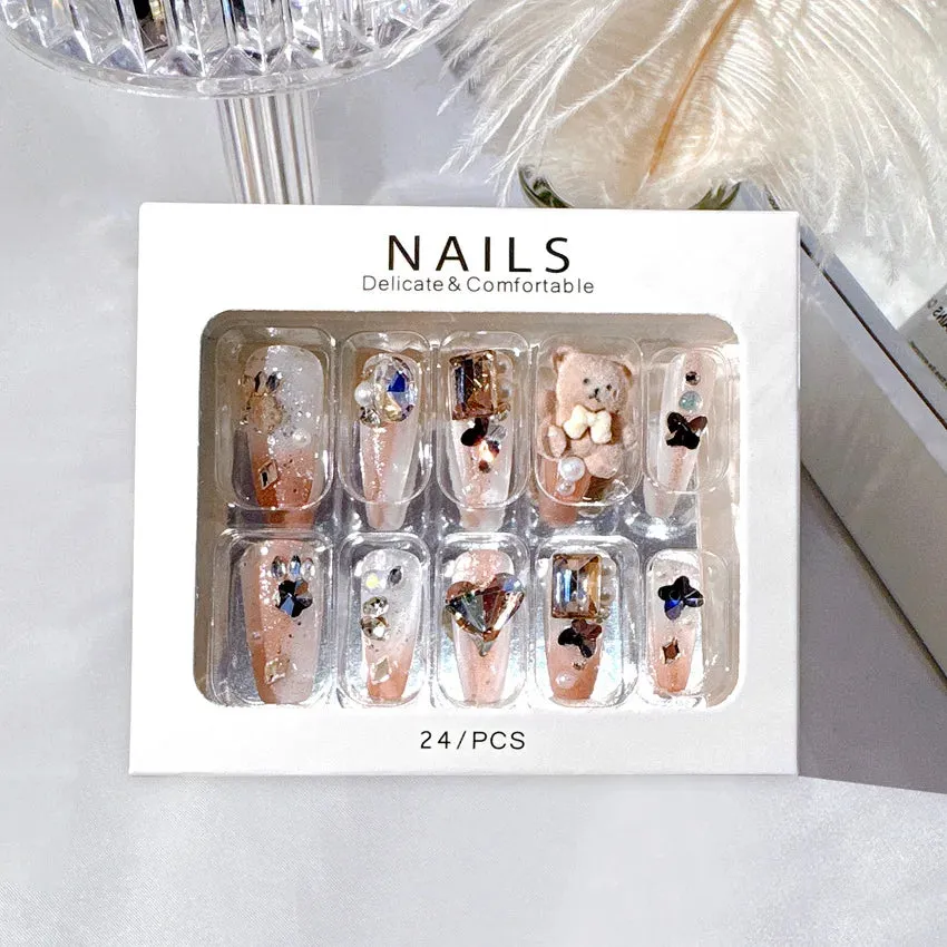 24pcs Handmade Glossy Coffin Press On Nails - Pink French Style False Nails with 3D Bow Rhinestone and Flower Design by Lady Glams