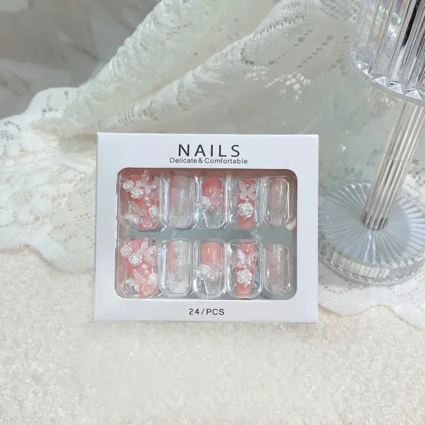 24pcs Handmade Glossy Coffin Press On Nails - Pink French Style False Nails with 3D Bow Rhinestone and Flower Design by Lady Glams