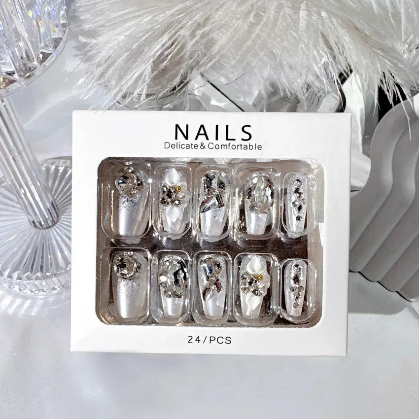 24pcs Handmade Glossy Coffin Press On Nails - Pink French Style False Nails with 3D Bow Rhinestone and Flower Design by Lady Glams