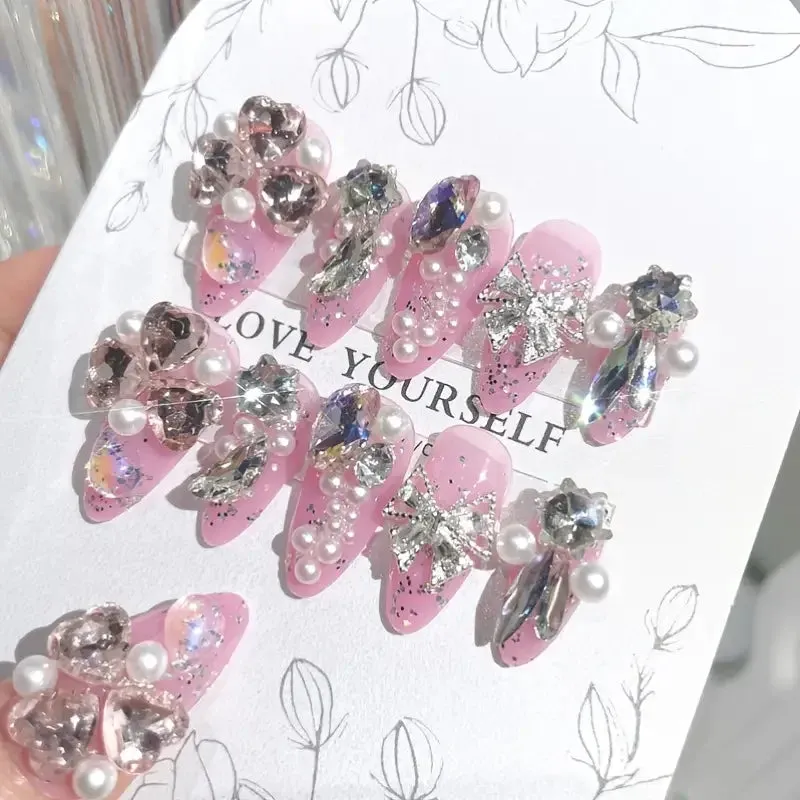 24pcs Handmade Glossy Coffin Press On Nails - Pink French Style False Nails with 3D Bow Rhinestone and Flower Design by Lady Glams