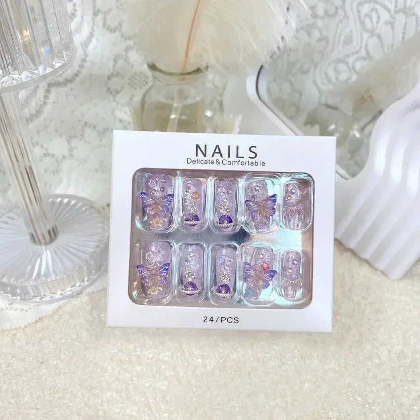 24pcs Handmade Glossy Coffin Press On Nails - Pink French Style False Nails with 3D Bow Rhinestone and Flower Design by Lady Glams