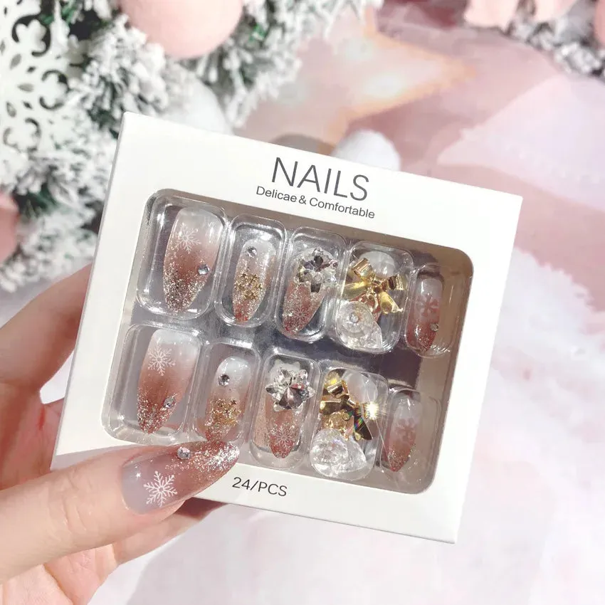24pcs Handmade Glossy Coffin Press On Nails - Pink French Style False Nails with 3D Bow Rhinestone and Flower Design by Lady Glams