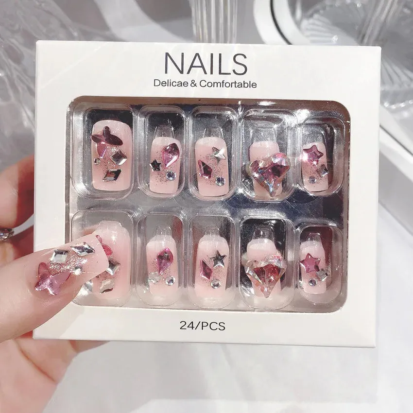 24pcs Handmade Glossy Coffin Press On Nails - Pink French Style False Nails with 3D Bow Rhinestone and Flower Design by Lady Glams