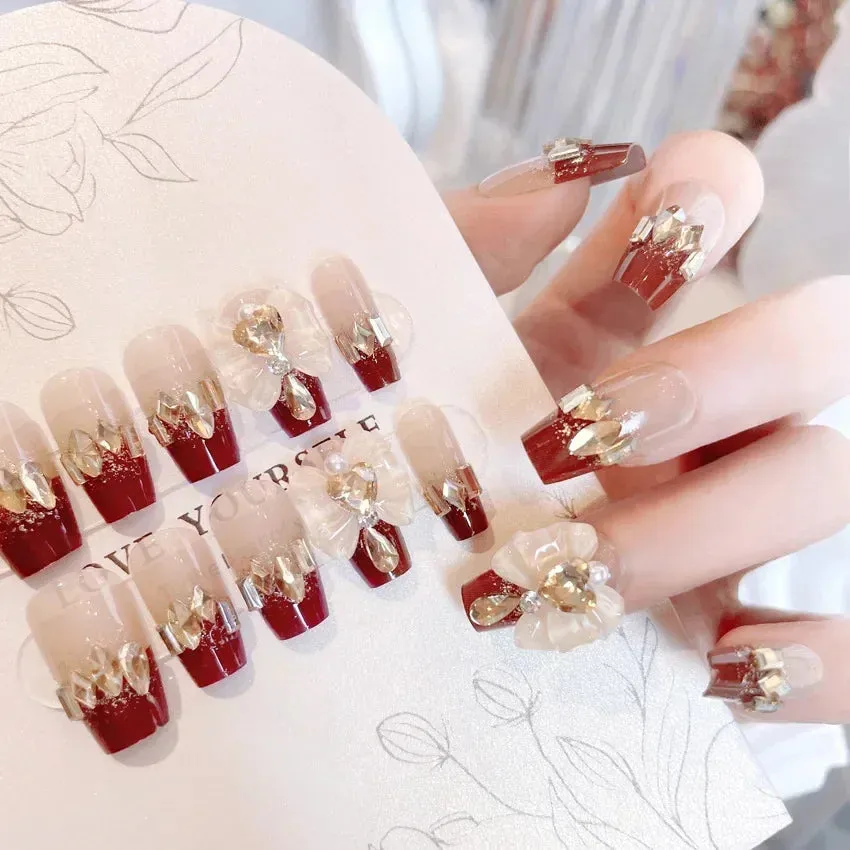 24pcs Handmade Glossy Coffin Press On Nails - Pink French Style False Nails with 3D Bow Rhinestone and Flower Design by Lady Glams