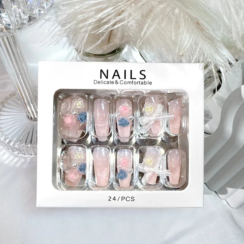 24pcs Handmade Glossy Coffin Press On Nails - Pink French Style False Nails with 3D Bow Rhinestone and Flower Design by Lady Glams