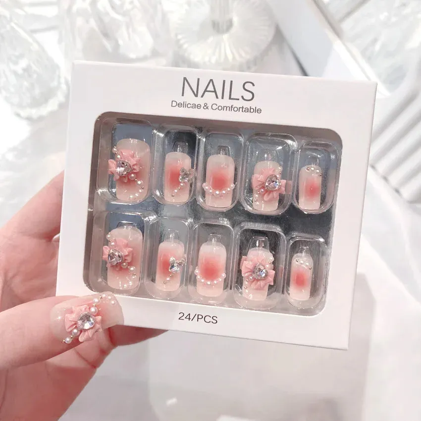24pcs Handmade Glossy Coffin Press On Nails - Pink French Style False Nails with 3D Bow Rhinestone and Flower Design by Lady Glams