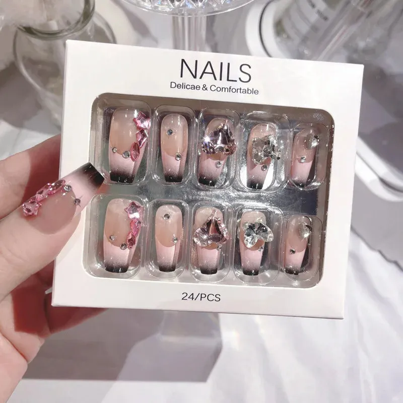 24pcs Handmade Glossy Coffin Press On Nails - Pink French Style False Nails with 3D Bow Rhinestone and Flower Design by Lady Glams