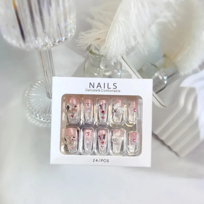 24pcs Handmade Glossy Coffin Press On Nails - Pink French Style False Nails with 3D Bow Rhinestone and Flower Design by Lady Glams